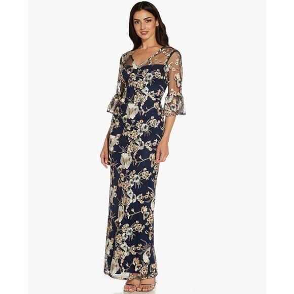 NWT Adrianna Papell Embroidered Floral Column Gown Maxi Dress Navy Blue Size 12 - Picture 3 of 11